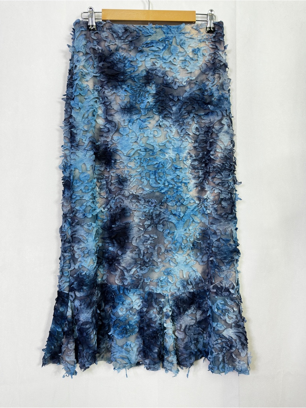 Sno Skins Maxi Skirt Textured Blue Abstract Flowy Large Womens Ruffle Tie Dye